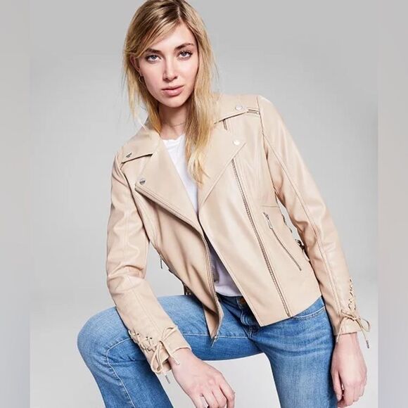 GUESS Women's Faux-Leather Asymmetric Moto Coat leather jacket size XXL latte - Picture 2 of 11